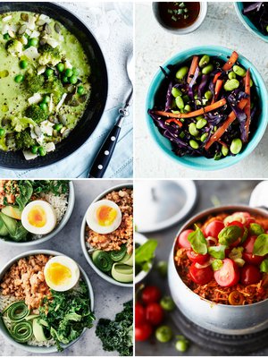 Neljä nopeaa arkiruokaa: herne-parsakaalikeitto, vegevokki, aasialainen broilerikulho ja yhden astian jauhelihapasta.