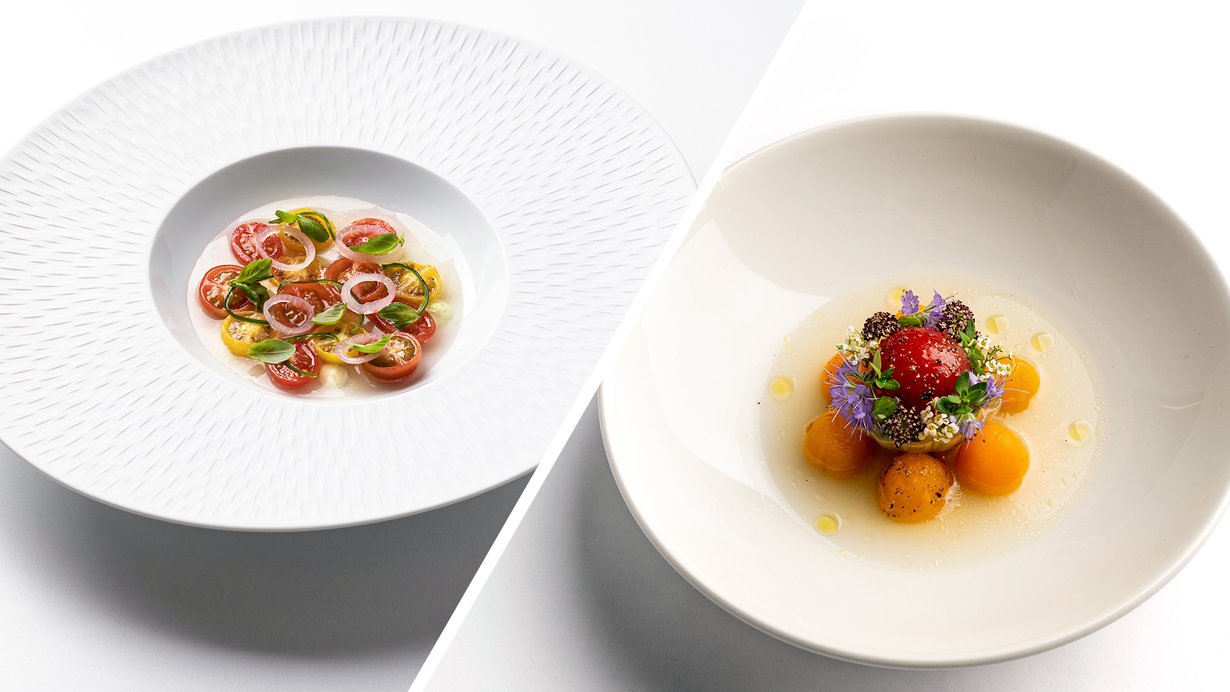 Tähtikokki Anni Peräkylän raikkaan kirsikkatomaattiannoksen (kuv. vasem.) esikuvana toimii mestariteos (kuv. oik.), jonka hän valmisti Bocuse d'Orin finaalissa 2021. Kuva: Santeri Stenvall