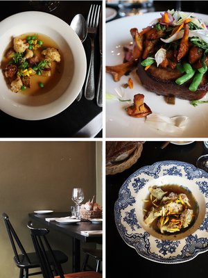 Kesäkeitto, jossa maistuvat kukat ja tulisuus, kantarellit briossin päällä sekä fiilistä tuovat kierrätyslautaset.