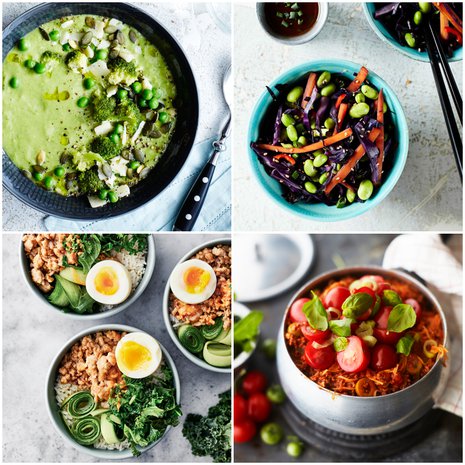 Neljä nopeaa arkiruokaa: herne-parsakaalikeitto, vegevokki, aasialainen broilerikulho ja yhden astian jauhelihapasta.