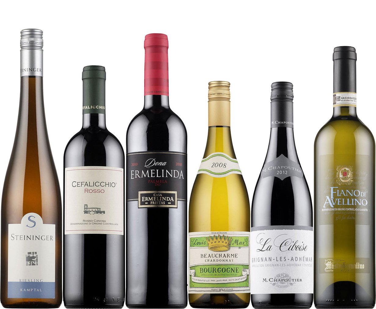 Vasemmalta lukien Steininger Riesling, Cefalicchio Rosso, Dona Ermelinda, Louis Max Beaucharme Chardonnay, La Ciboise ja Mastroberardino Fiano di Avellino. Kuvat: Alko.