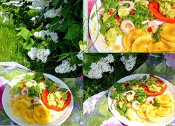 Kuorittu paprika uunista tulleena herkullisilla täytetyillä pasta ravioleilla, hetken herkun kruunaa viileä katkarapu.